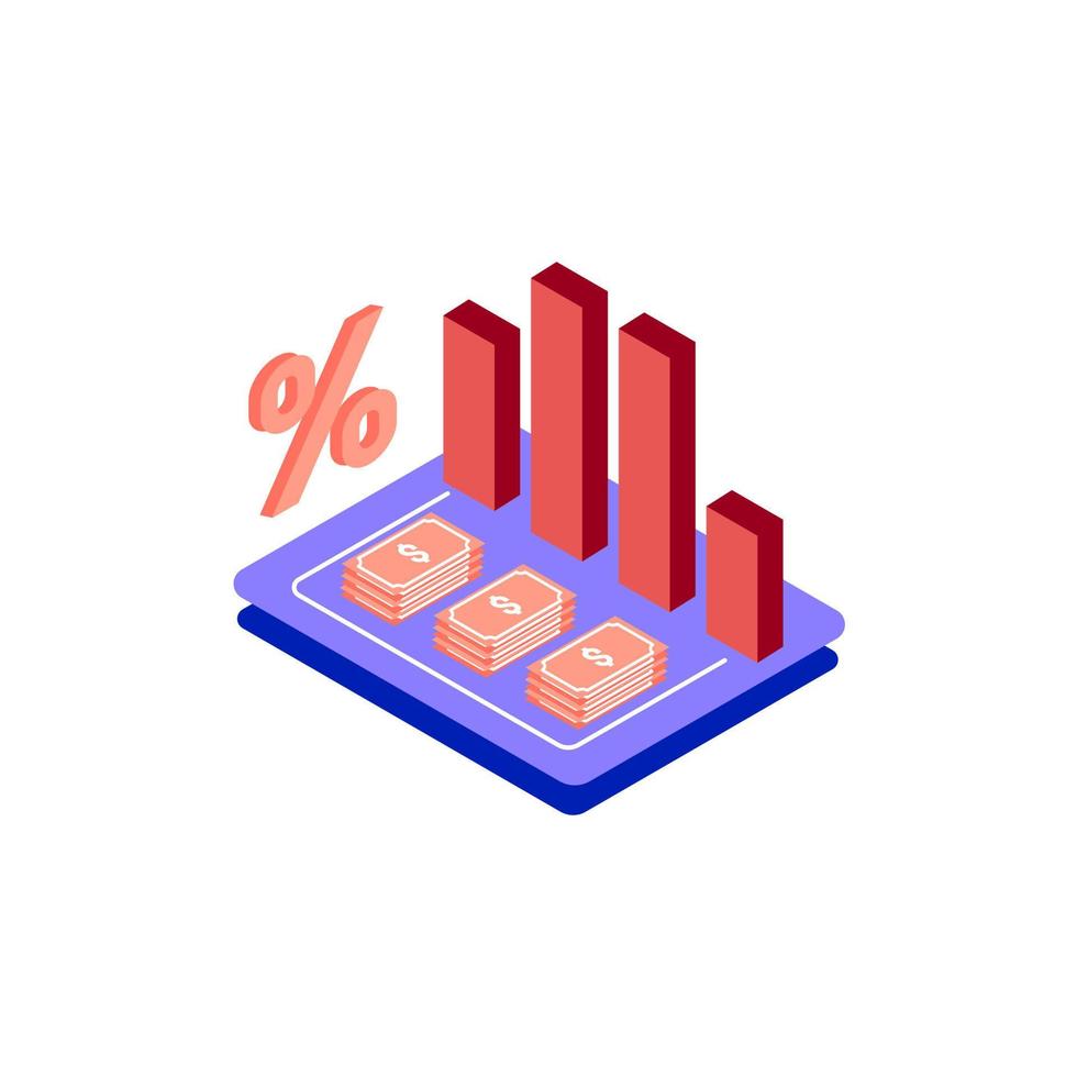 recession graph isometric icon illustration color red, blue, purple. Conceptual business story. Financial crisis, economic recession, bankruptcy, depression. vector