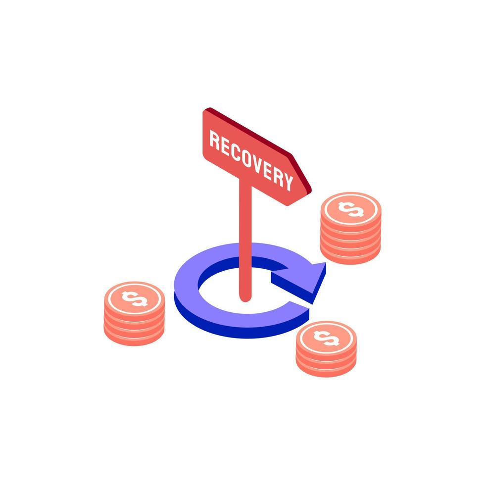 recession recovery isometric icon illustration color red, blue, purple. Conceptual business story. Financial crisis, economic recession, bankruptcy, depression. vector
