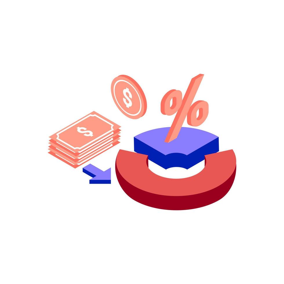 recession diagrams isometric icon illustration color red, blue, purple. Conceptual business story. Financial crisis, economic recession, bankruptcy, depression. vector