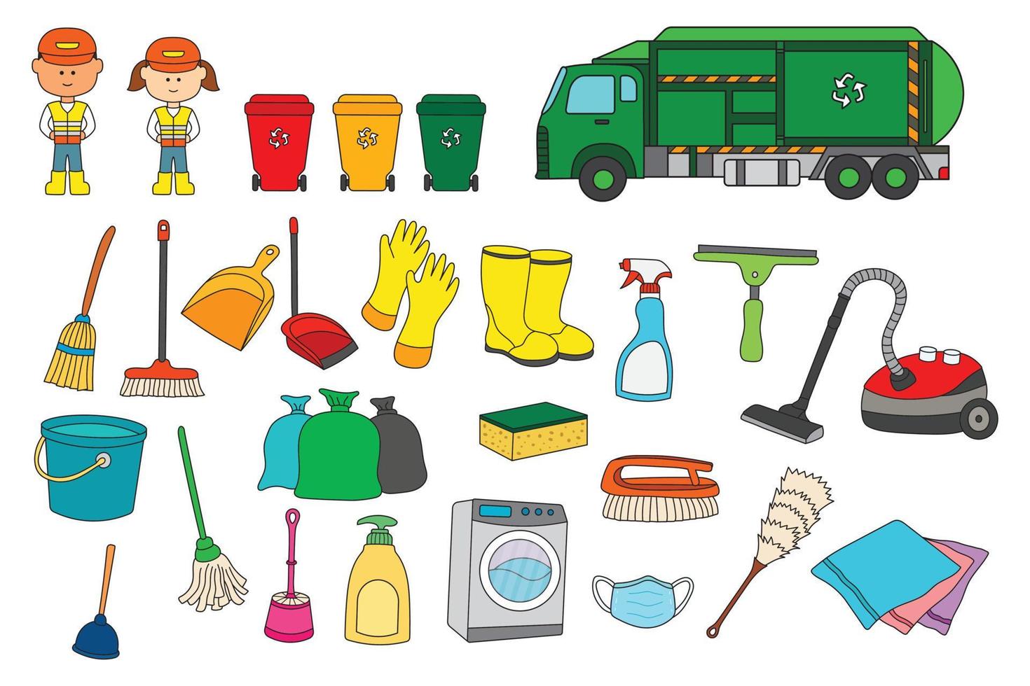 Vector illustration Cleaning equipment set with cleaners and garbage truck