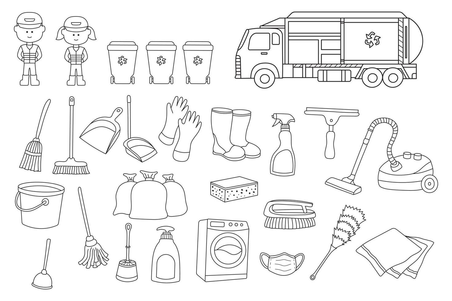 Hand drawn Vector illustration Cleaning equipment set with cleaners and garbage truck
