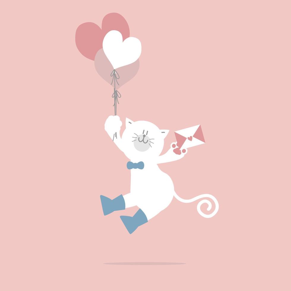 lindo y encantador gato dibujado a mano y globos de corazón, feliz día de san valentín, cumpleaños, concepto de amor, diseño de personaje de dibujos animados de ilustración de vector plano aislado