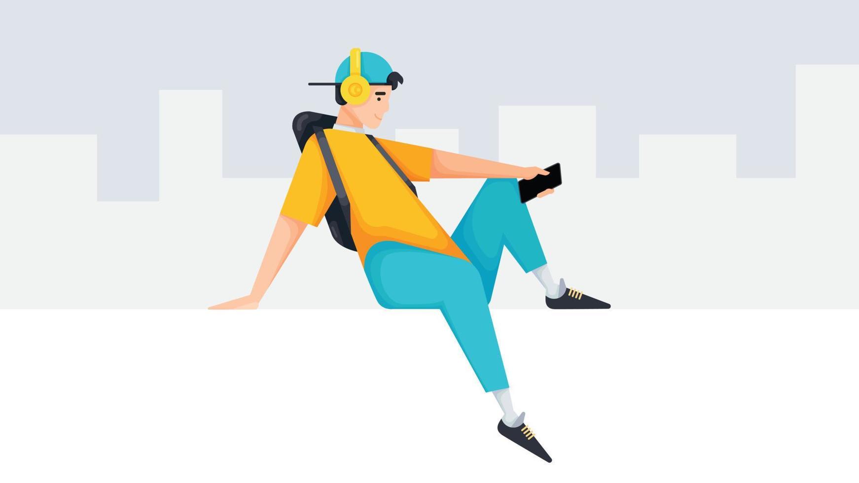 A young boy wearing stylish clothes with backpack sitting on a white wall while using a mobile phone to listening music. Teenage boy relaxing on a wall while listening music. vector illustration