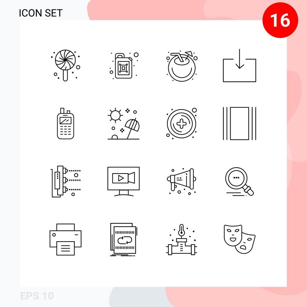 Modern Set of 16 Outlines Pictograph of beach receiver drink radio import Editable Vector Design Elements