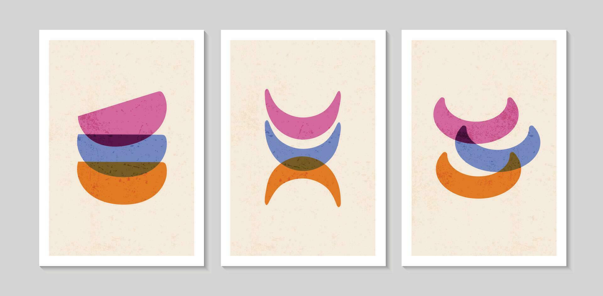 Set of abstract contemporary mid century posters with geometric shapes and texture. Design for wallpaper, background, wall decor, cover, print, card. Modern boho minimalist art. Vector illustration.