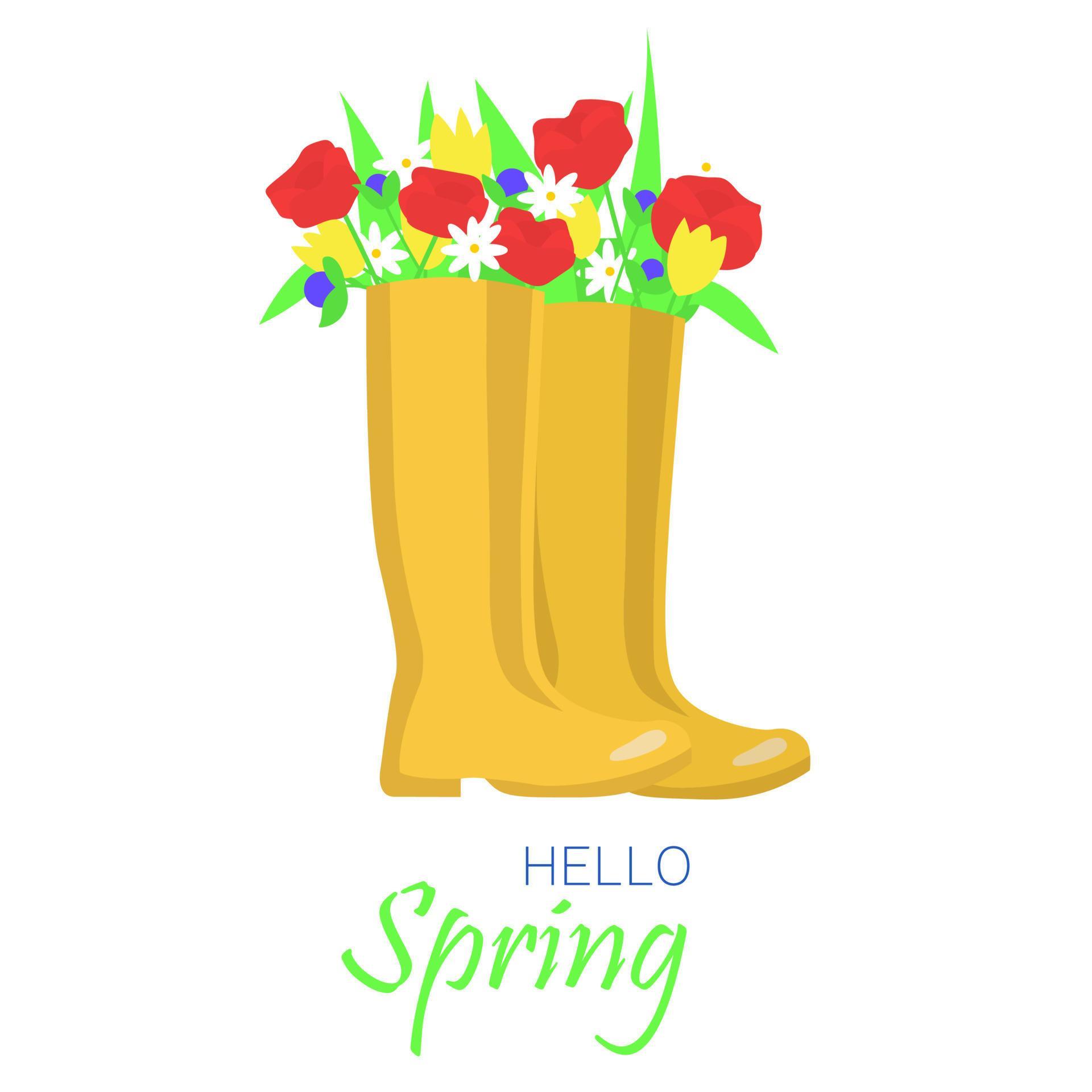 Flowers in boots. Bouquet of spring flowers in yellow waterproof boots
