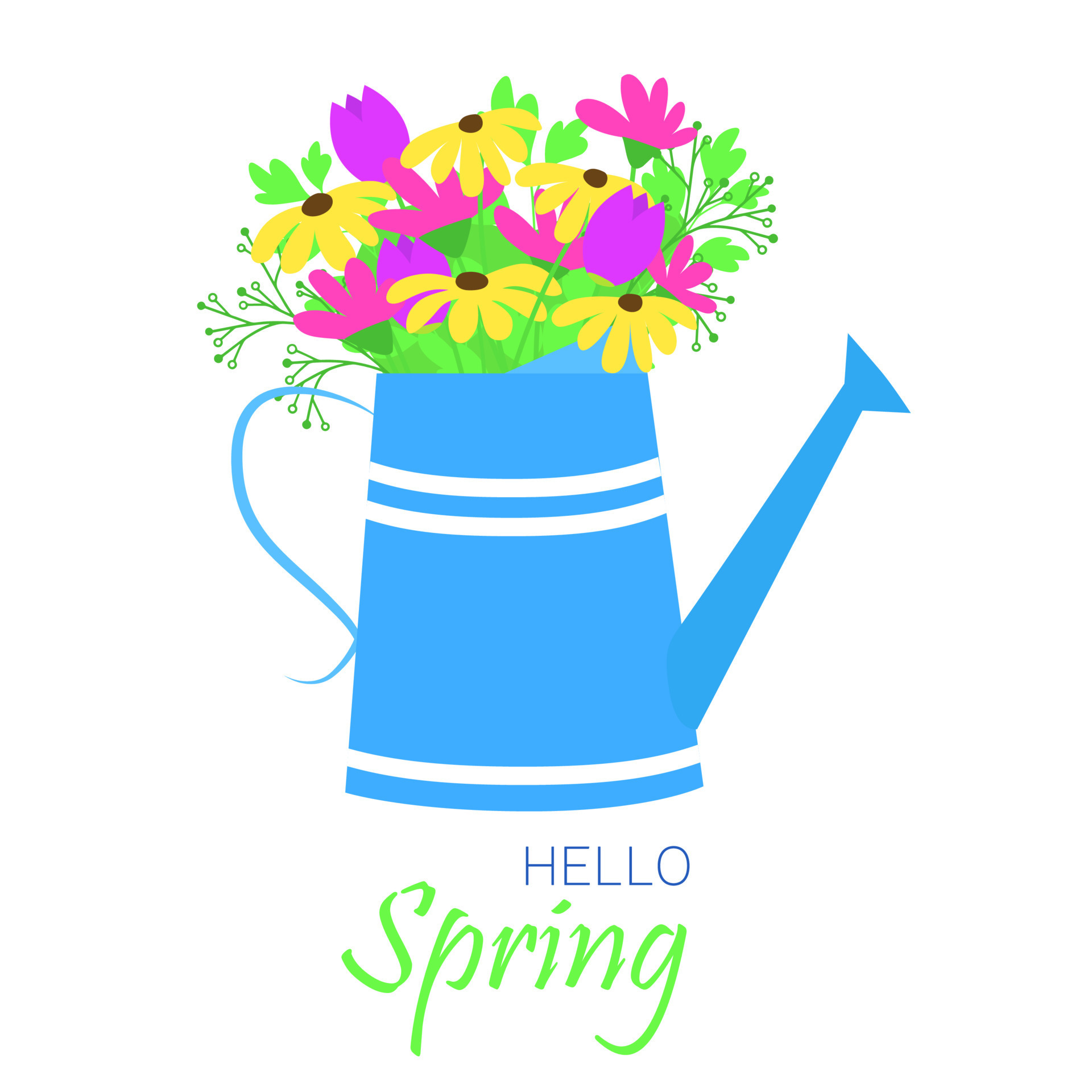 Flowers in watering can. Bouquet of spring or summer flowers in blue