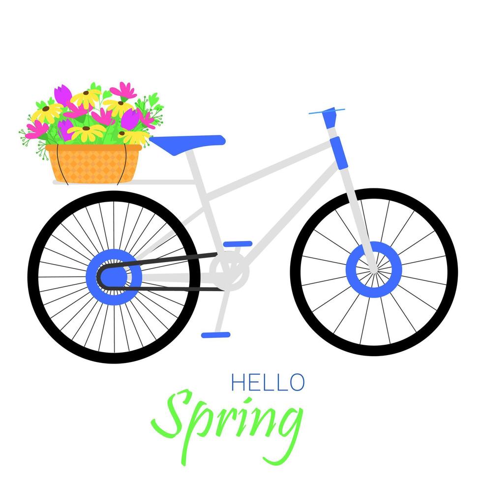 Flowers in basket on bicycle. Hello spring card with blue bicycle and flowers. Vector illustration.