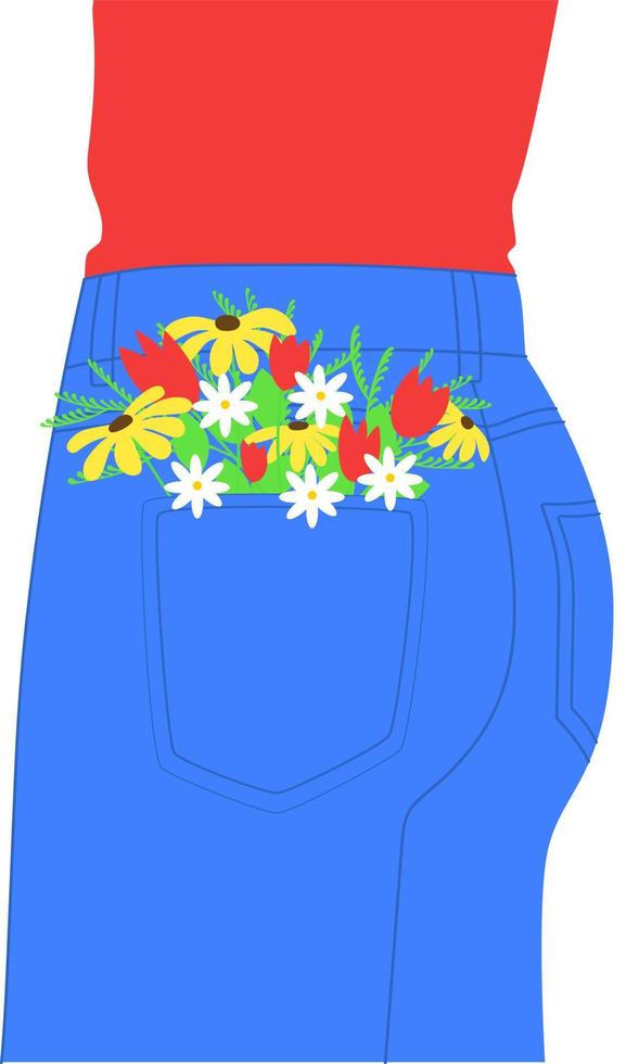 flores en vaqueros. ramo de flores en el bolsillo de los jeans azules. ilustración vectorial vector