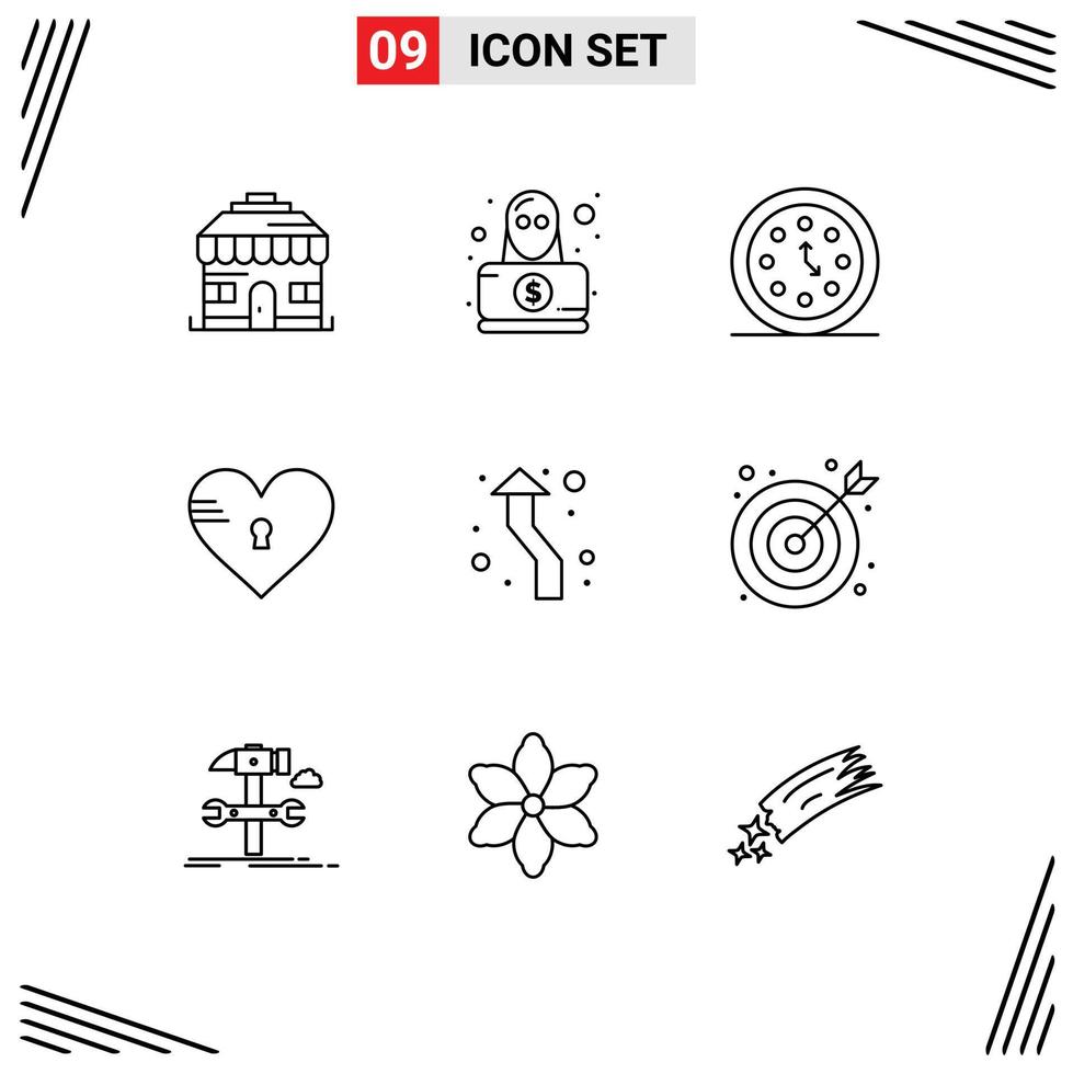 9 Thematic Vector Outlines and Editable Symbols of arrow love clocks heart lock Editable Vector Design Elements