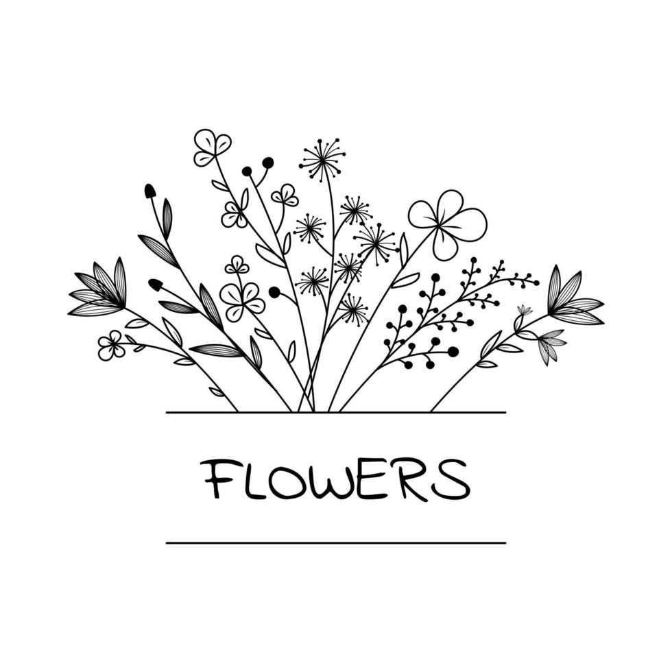 Floral hand drawn frame. Logo. Outlined doodle flowers and leaves, frame for your text. Vector Illustration