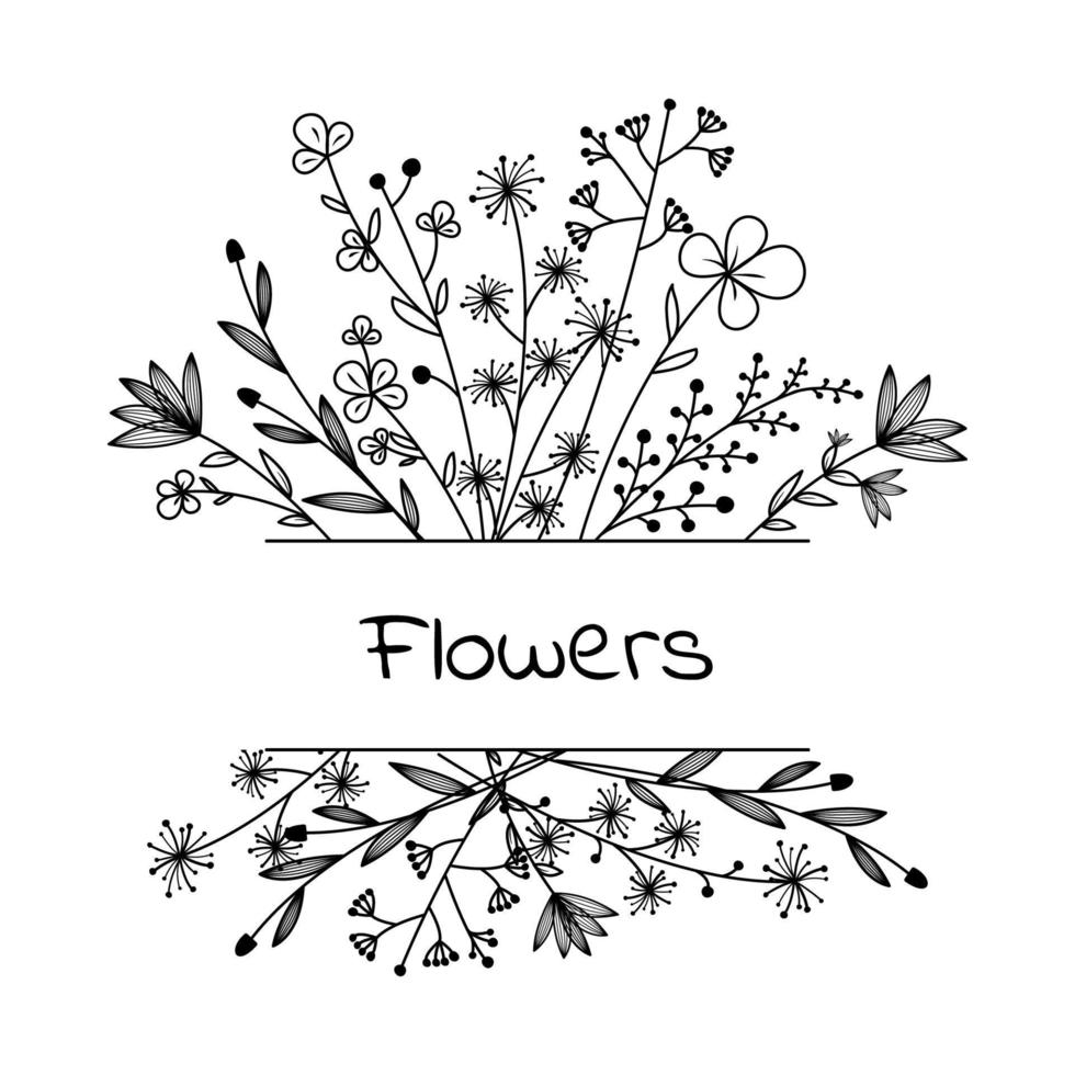 Floral hand drawn frame. Outlined doodle flowers and leaves, frame for your text. Vector Illustration