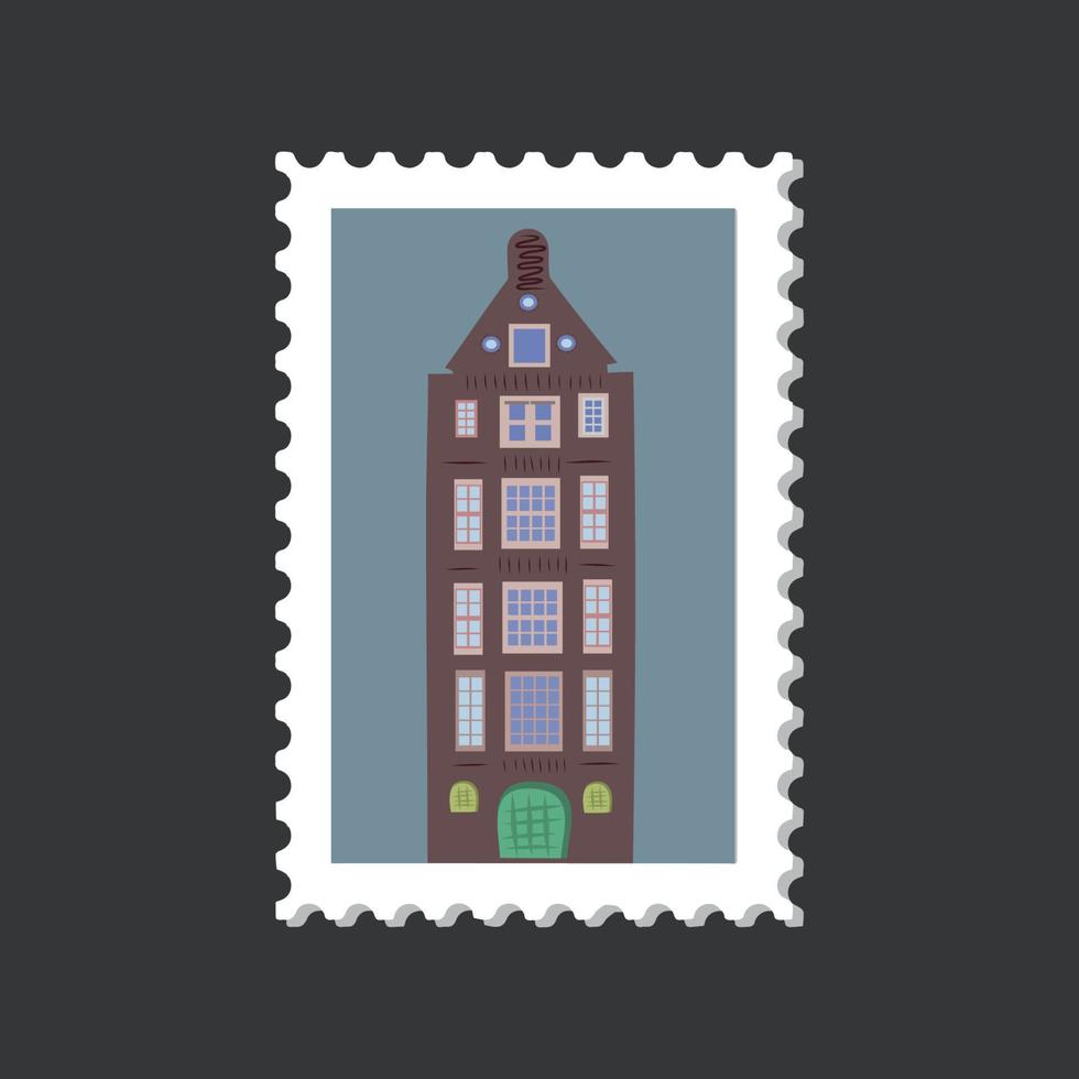 Amsterdam cozy and cute house postage stamp on a grey background. vector