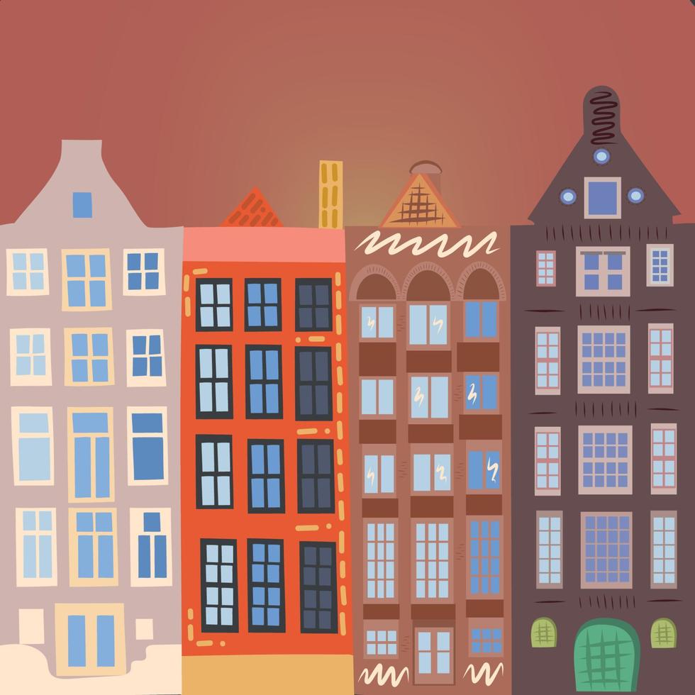 Amsterdam cozy and cute houses on a orange background. vector