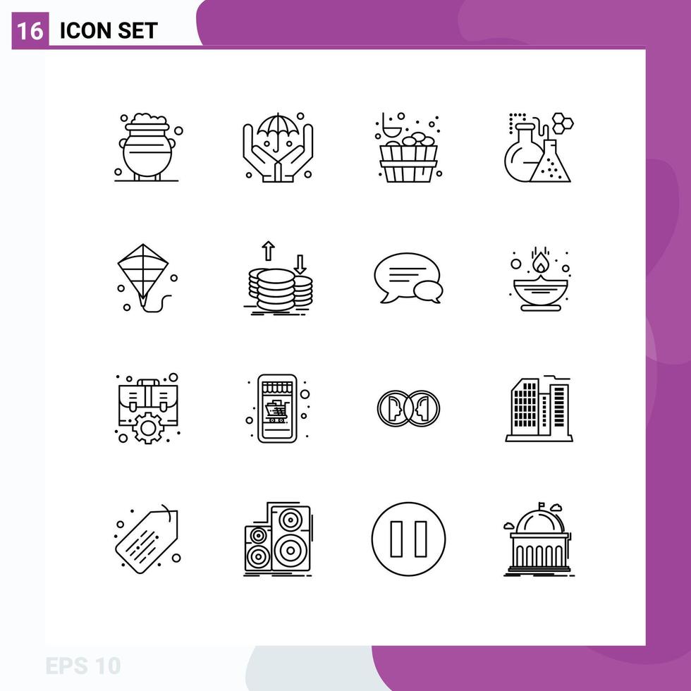 Modern Set of 16 Outlines and symbols such as festival kite bucket tube lab Editable Vector Design Elements