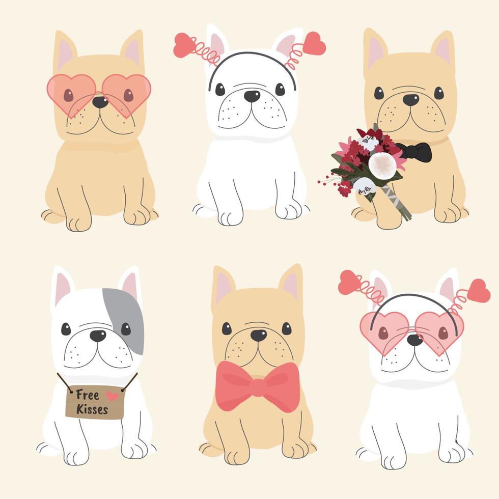 cute french bulldog in valentines day costume flat style collection eps10 vectors illustration