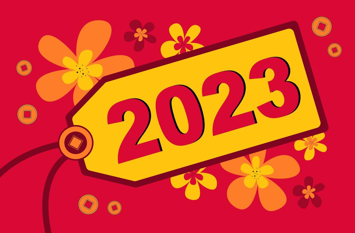año Nuevo Chino. dice 2023 en la etiqueta. flores en el fondo vector