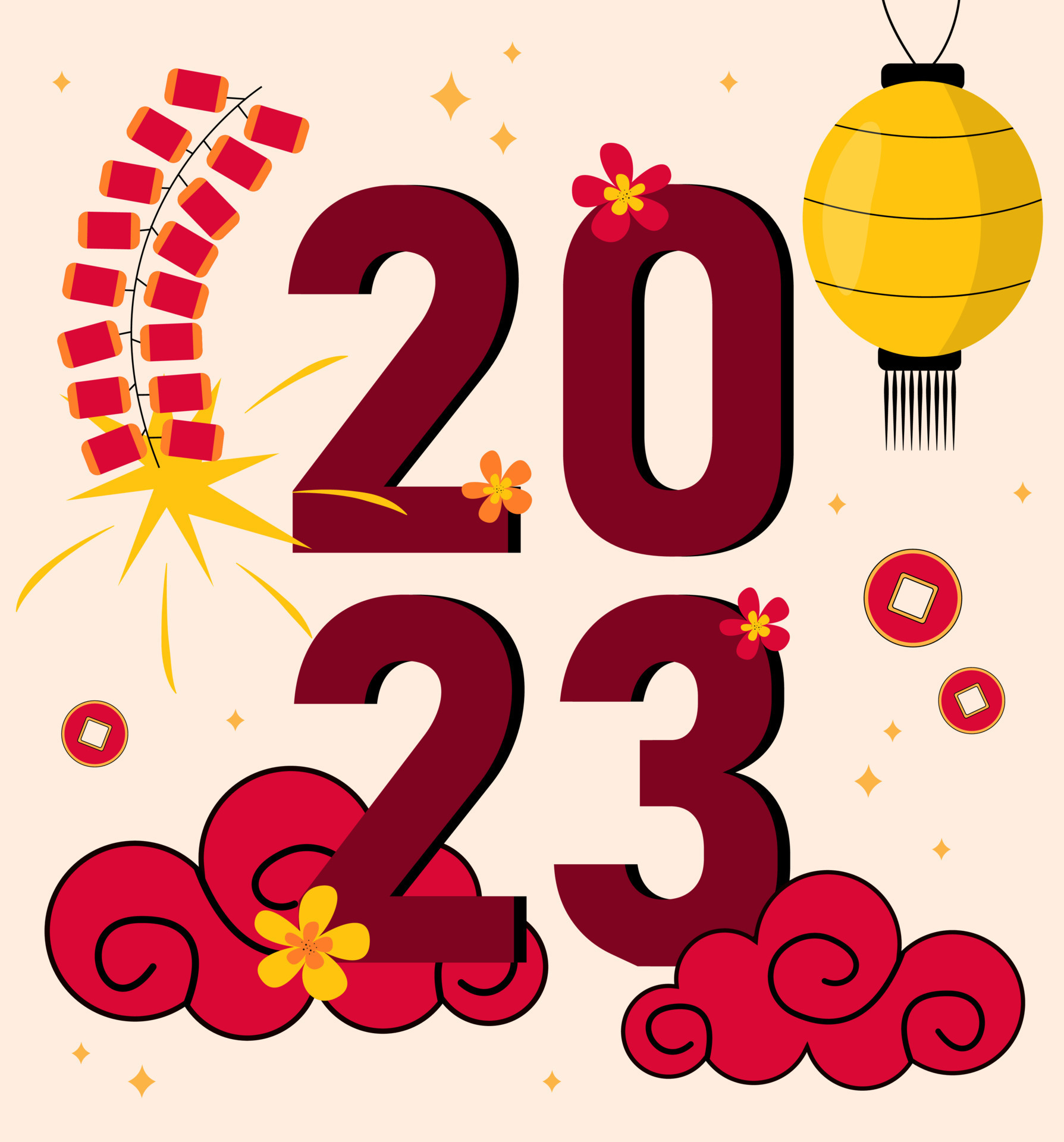 Chinese New Year Sign 2023 With Fireworks Chinese Lanterns Coins