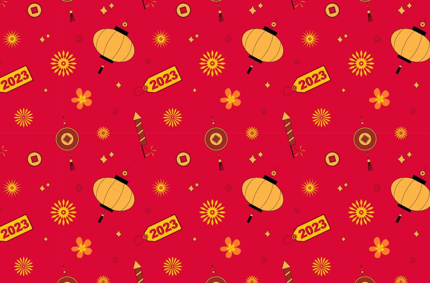 Chinese New Year. Pattern with 2023, Chinese lanterns, coins and flowers vector