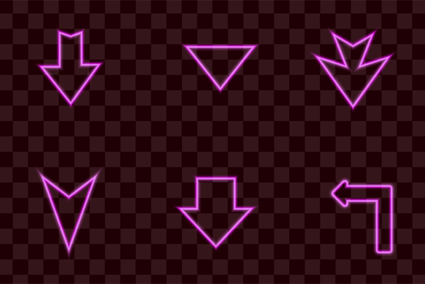 puntero de flecha brillante de neón sobre fondo oscuro. signo de luz retro púrpura y brillante. elemento de diseño vectorial. vector