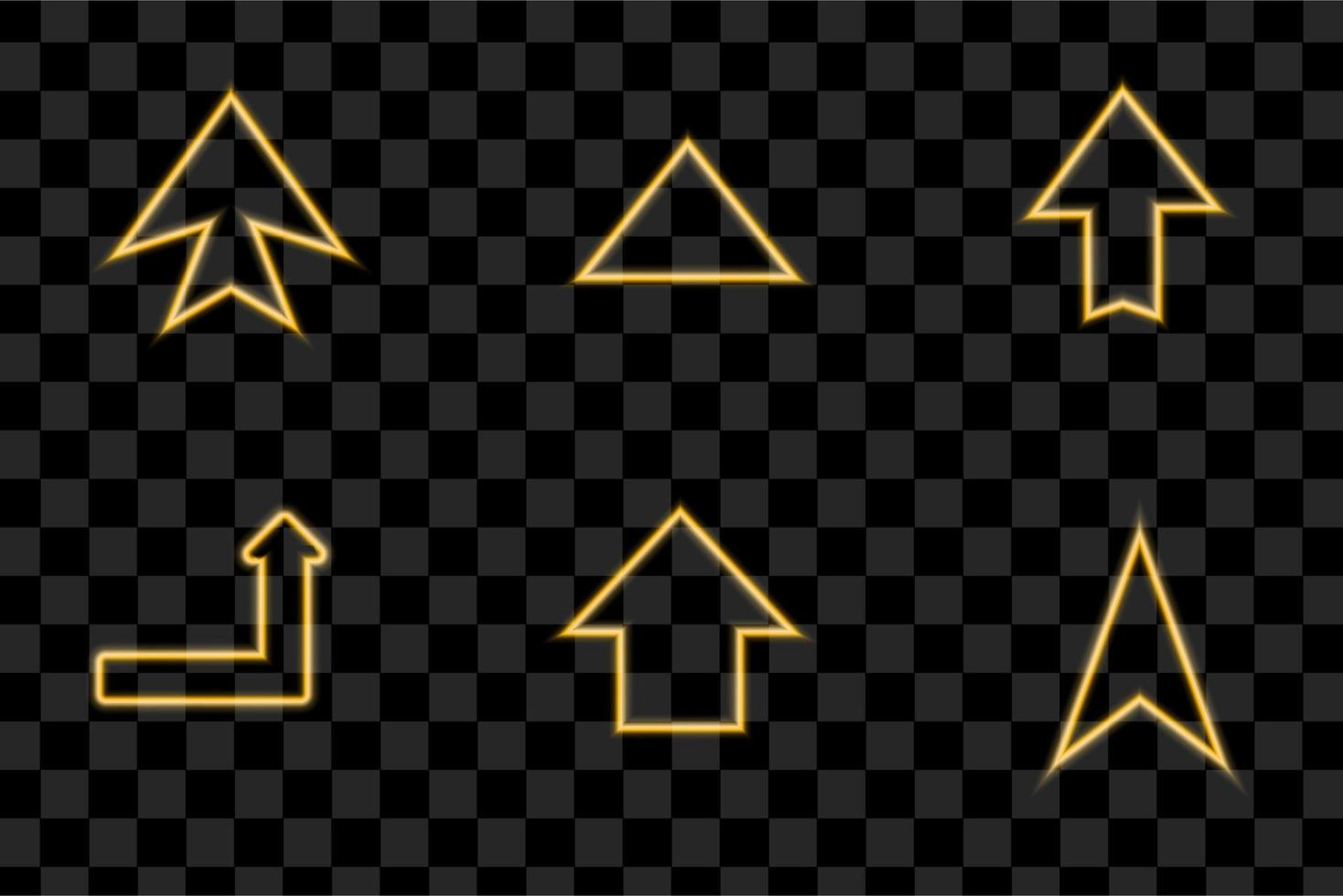 Neon glowing arrow pointer set on dark background. Orange and shining retro light sign collection. Vector design elements.