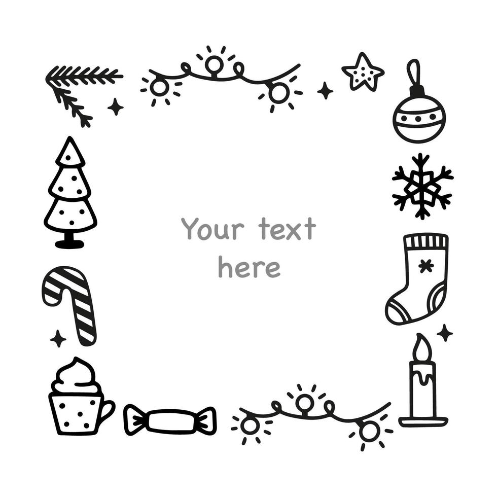 Christmas cute decoration frame of doodle elements with space for text. Vector hand-drawn illustration. Perfect for holiday designs. Christmas elements collection