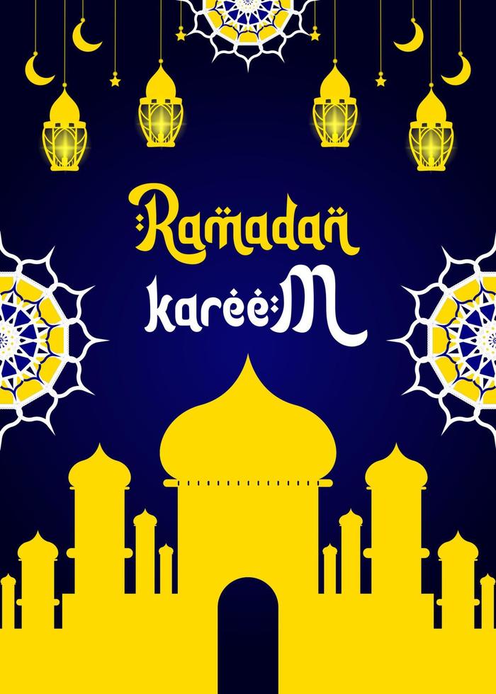 Ramadan fasting month greeting card design, Islamic poster design with lanterns, clouds and mosques vector