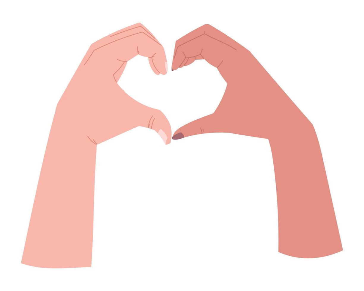 pareja de hombre y mujer en manos de amor haciendo un corazón con los dedos. ilustración plana aislada vectorial. vector