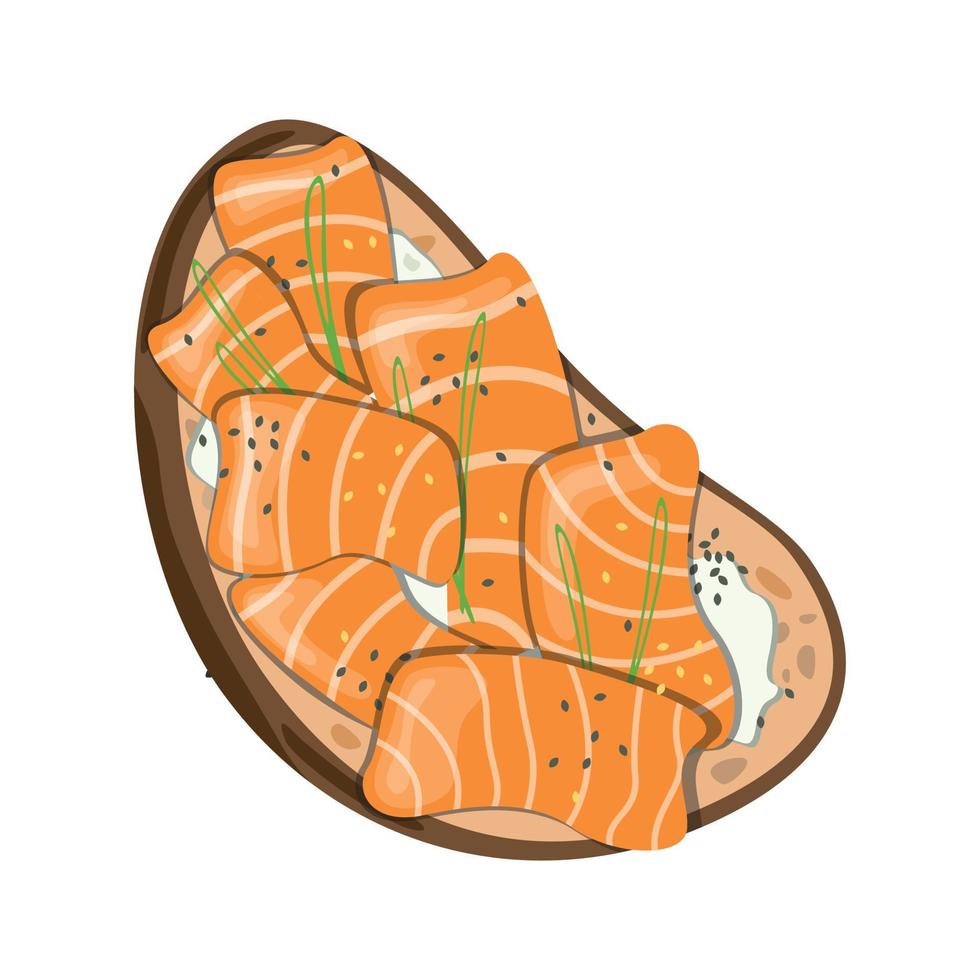 bruschetta o sándwich en una rebanada de pan con queso crema, salmón y hierbas. ilustración vectorial de alimentos aislados. vector