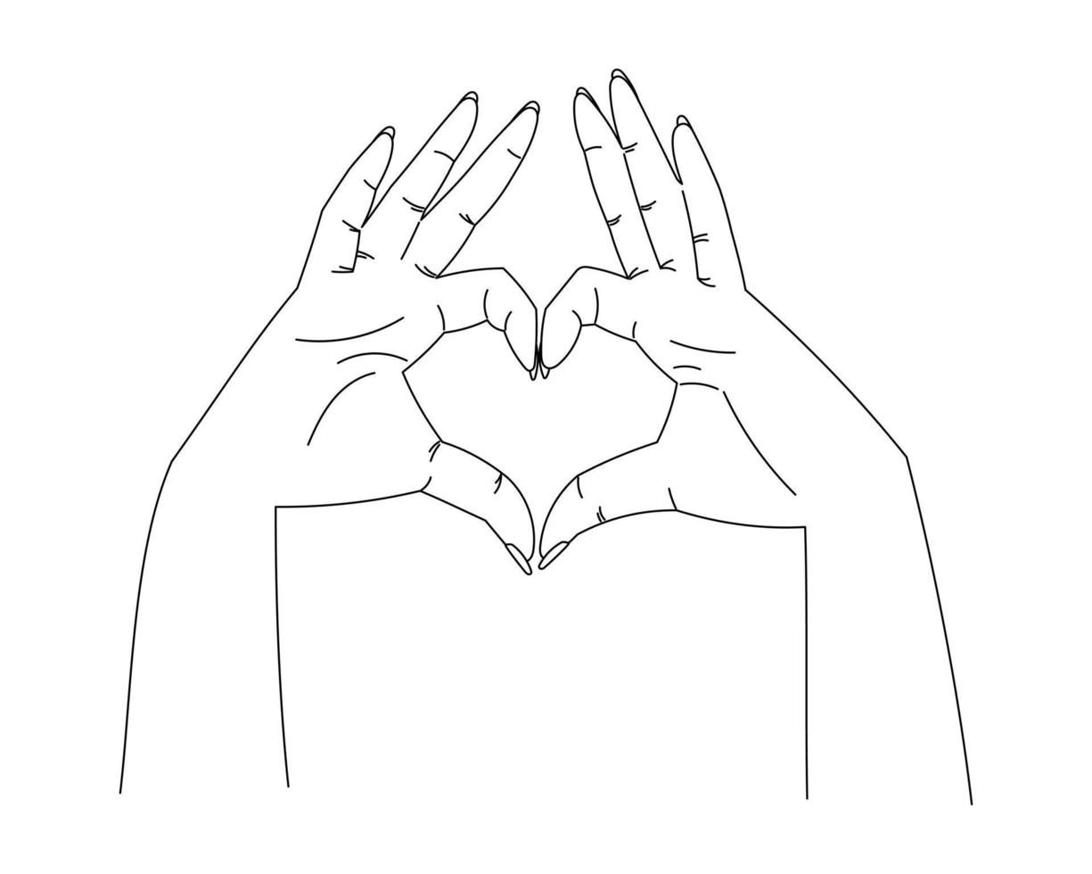 Woman hands making heart shape with fingers. Vector isolated line art illustration.