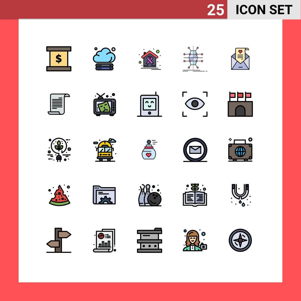 25 Universal Filled line Flat Color Signs Symbols of mail network cancer infrastructure distribution Editable Vector Design Elements