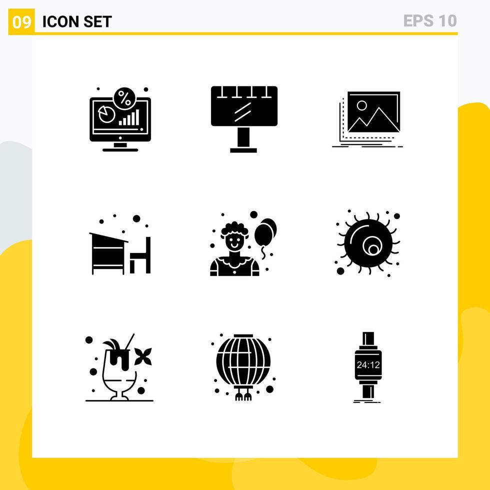 9 Thematic Vector Solid Glyphs and Editable Symbols of learn desk advertisement chair nature Editable Vector Design Elements