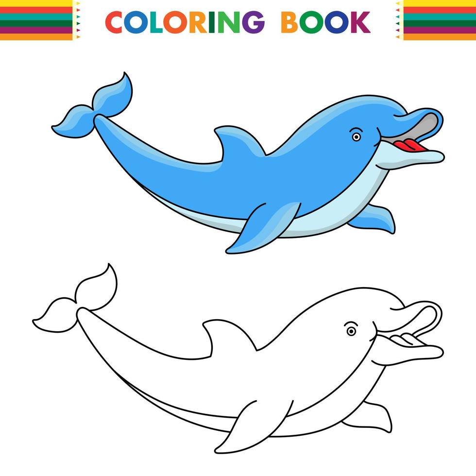 ilustración de vector de dibujos animados en blanco y negro de animales de vida marina de delfines para colorear libro