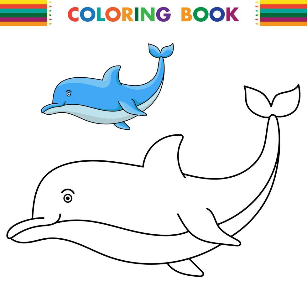 Coloring pages. Marine wild animals. Little cute baby dolphin smiles. vector