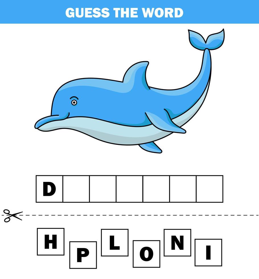Education game for children guess the word letters practicing of cute cartoon dolphin printable underwater worksheet vector