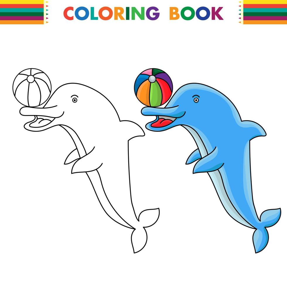 libro de colorear para niños, vector de pelota de juego de delfines