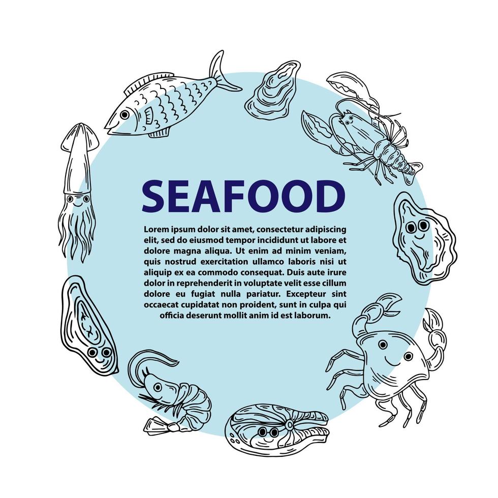 Vector hand drawn sea food Illustration. Vintage style. Retro sketch background. Template