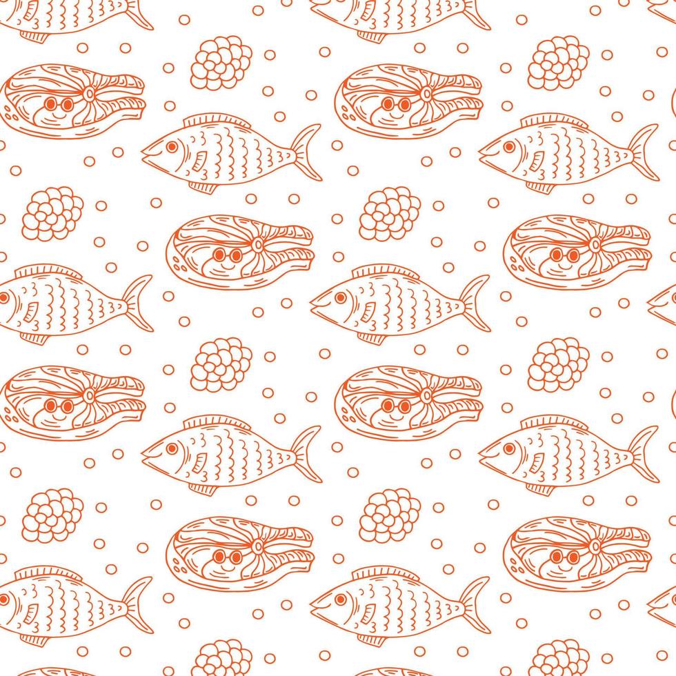 Seamless pattern with Salmon steak , conceptual sea food background, flat lay composition. Vector illustration. Fish ornament.