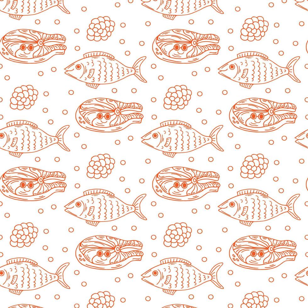 Seamless pattern with Salmon steak , conceptual sea food background, flat lay composition. Vector illustration. Fish ornament.