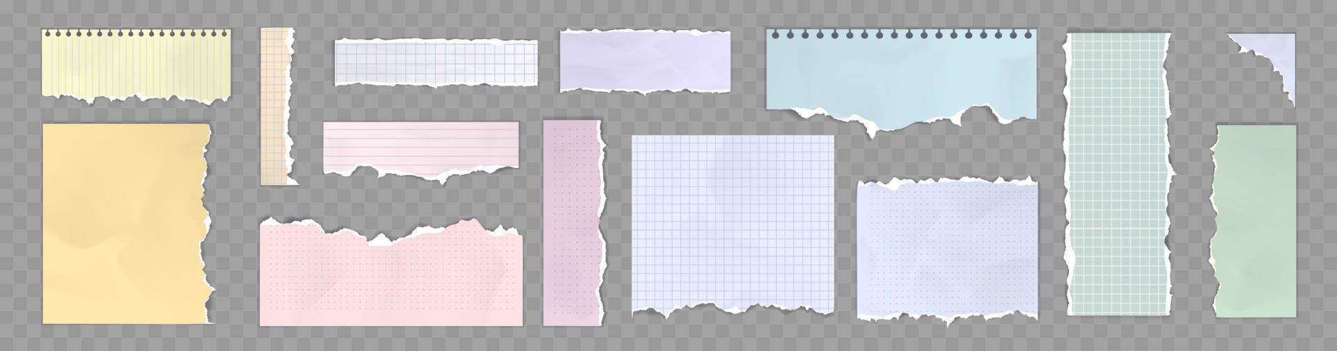 hojas de papel rasgadas, conjunto de páginas de cuaderno de colores vector