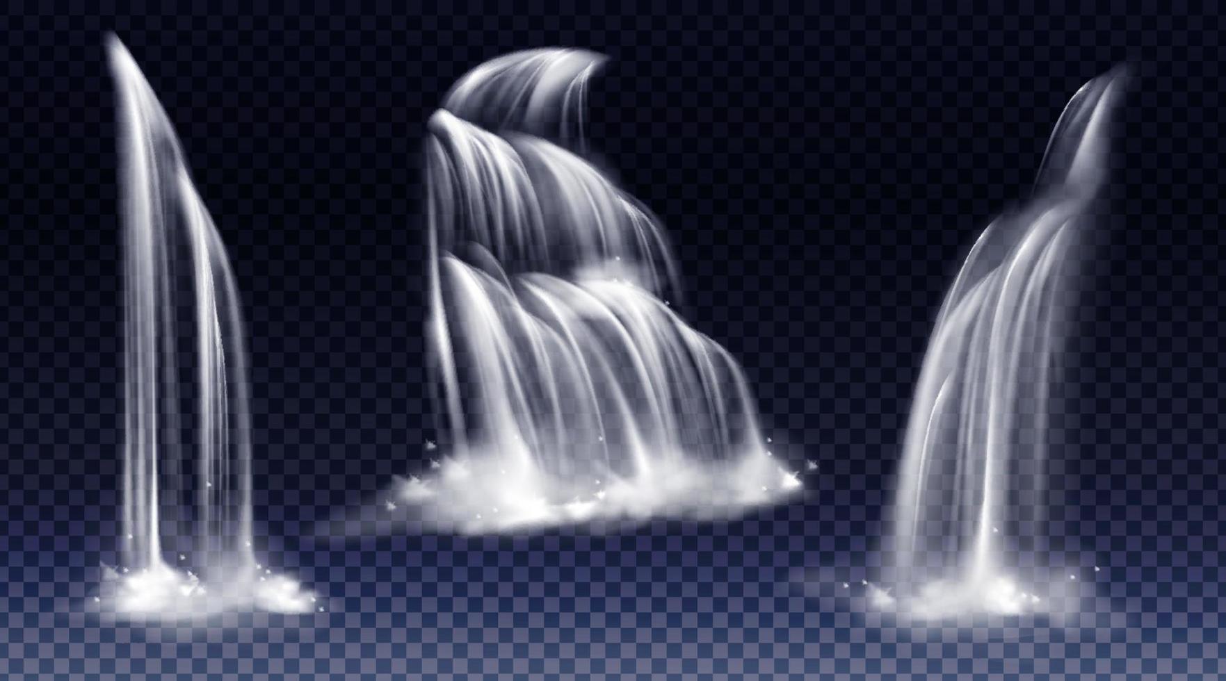 Set of waterfalls with cascade, splash and fog vector