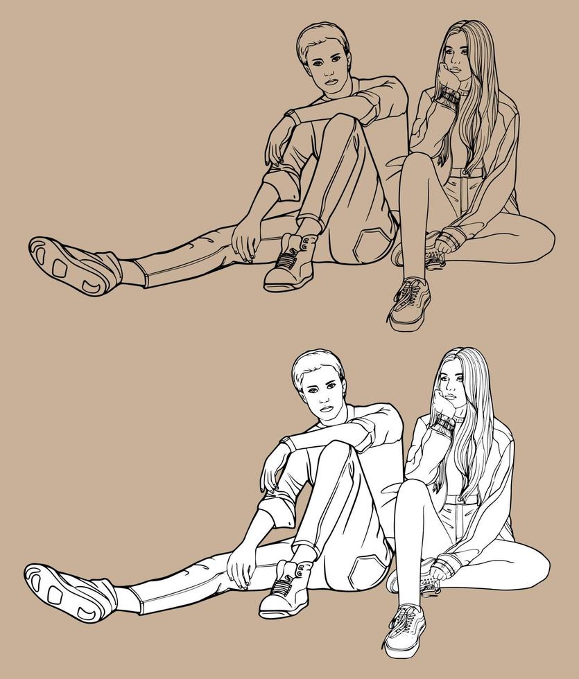 A young man and a girl are sitting down. Black and white vector drawing made by hand. Isolated drawing. For coloring and design books. Love of young people.