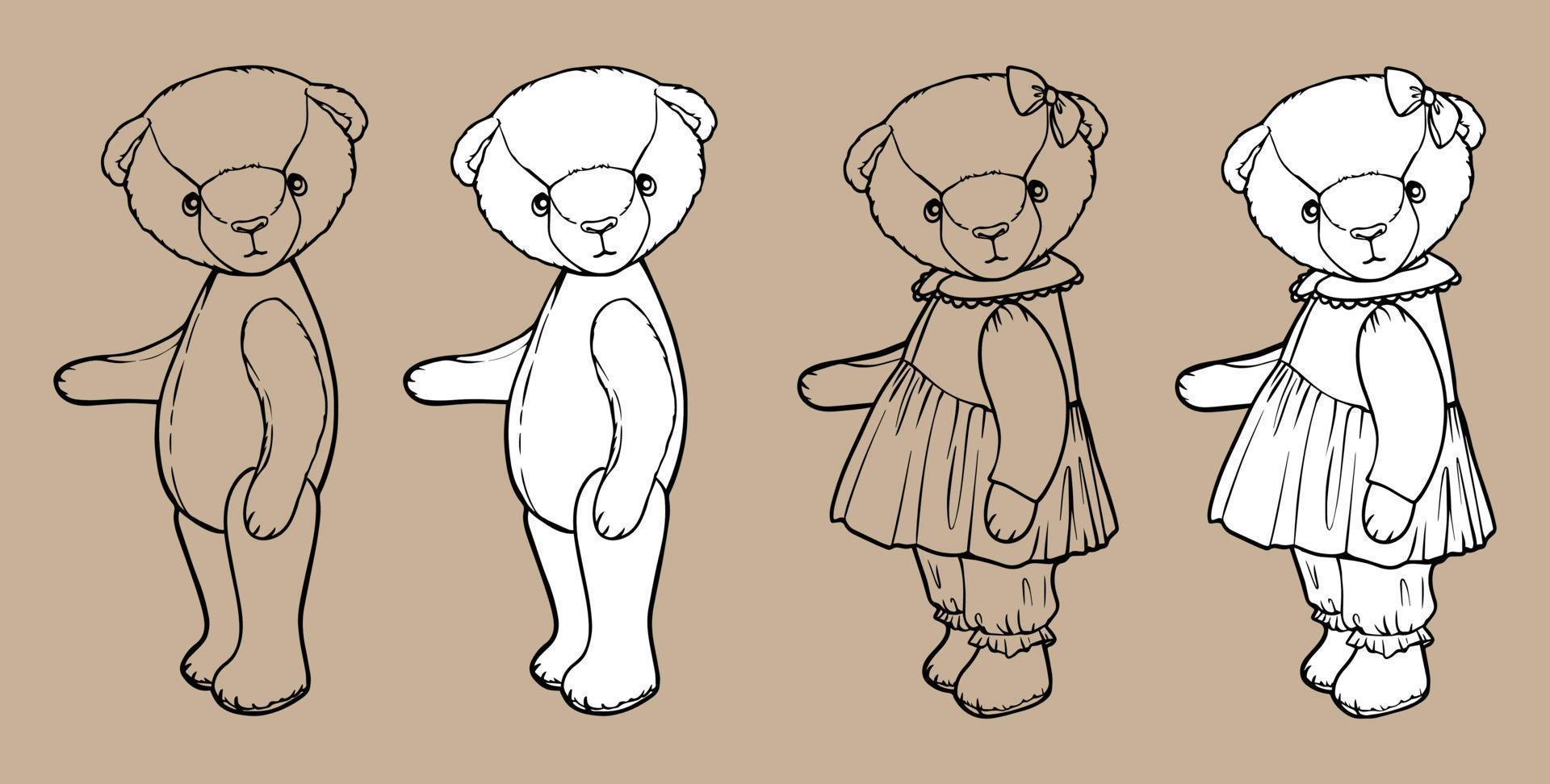 Teddy bear in a dress. Vector black and white isolated drawing. Valentine's Day. For coloring books and pages.