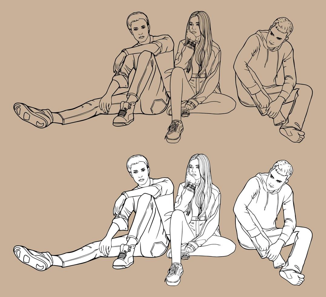 A company of three young people sitting. Black and white hand-drawn vector drawing. Isolated drawing. For coloring books and design books. Love of young people.