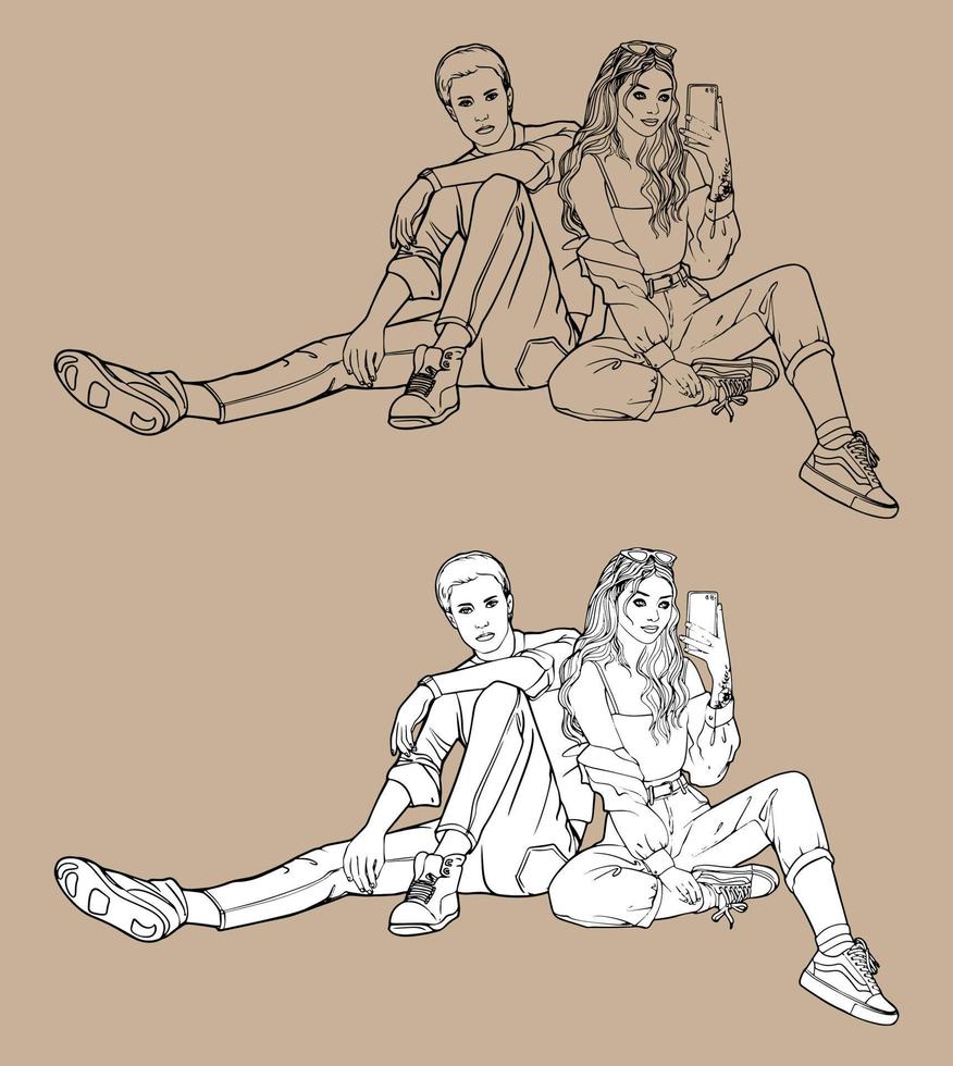 A young man and a girl are sitting down. Black and white vector drawing made by hand. Isolated drawing. For coloring and design books. Love of young people.