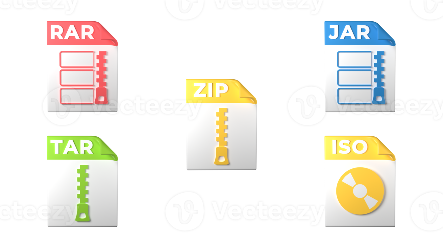 File format extensions. rar, zip, jar, iso, tar file format archive icons. Transparent background. 3D Rendering png