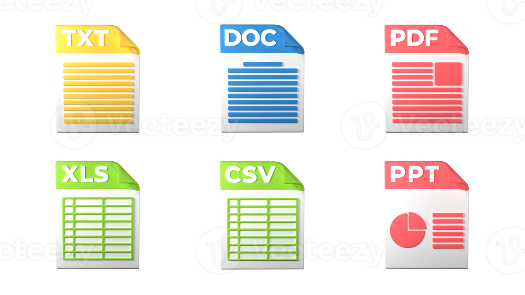 Dateiformaterweiterungen. txt-, doc-, pdf-, ppt-, xls-, csv-Dateiformat-Dokumentsymbole. transparenter Hintergrund. 3D-Rendering png