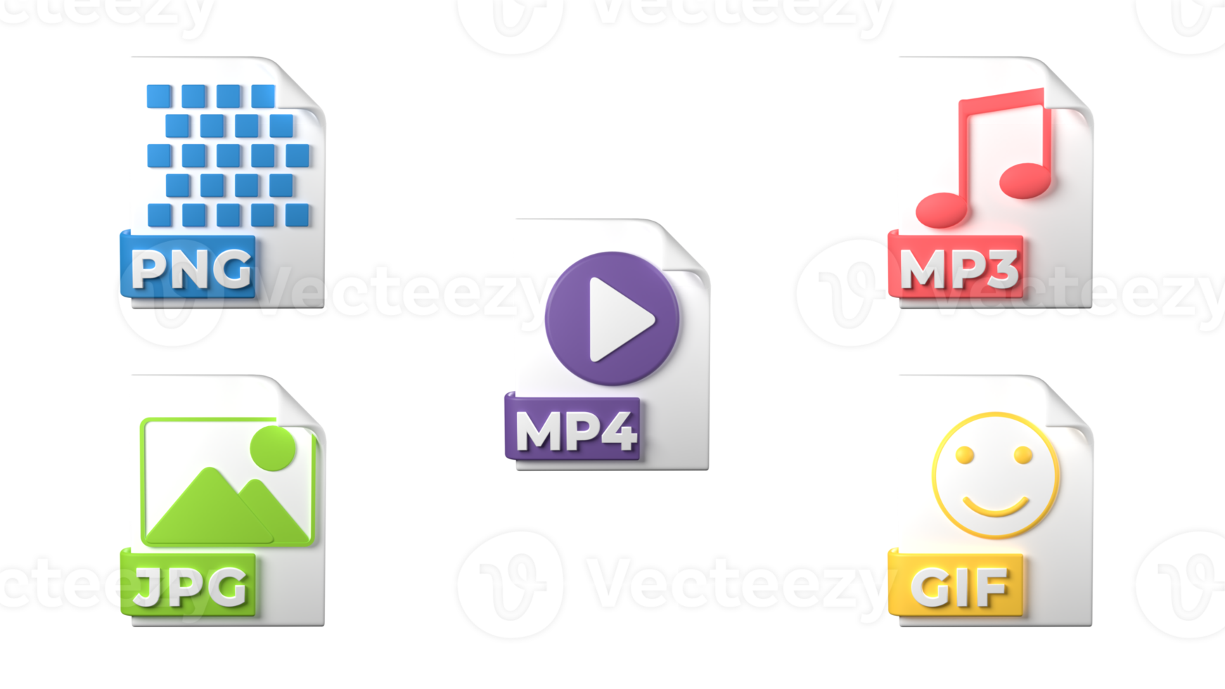 File format extensions. png, mp4, mp3, jpg, gif file format media icons. Transparent background. 3D Rendering png