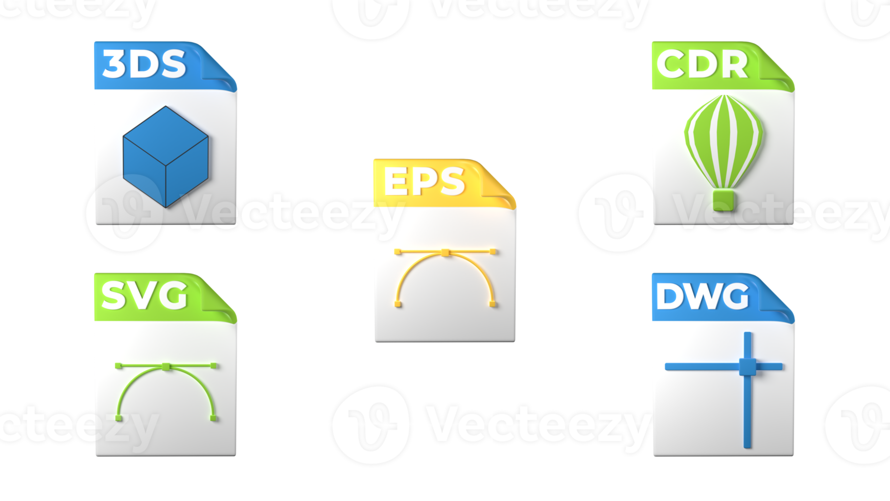 File format extensions. svg, eps, cdr, 3ds, dwg file format design icons. Transparent background. 3D Rendering png