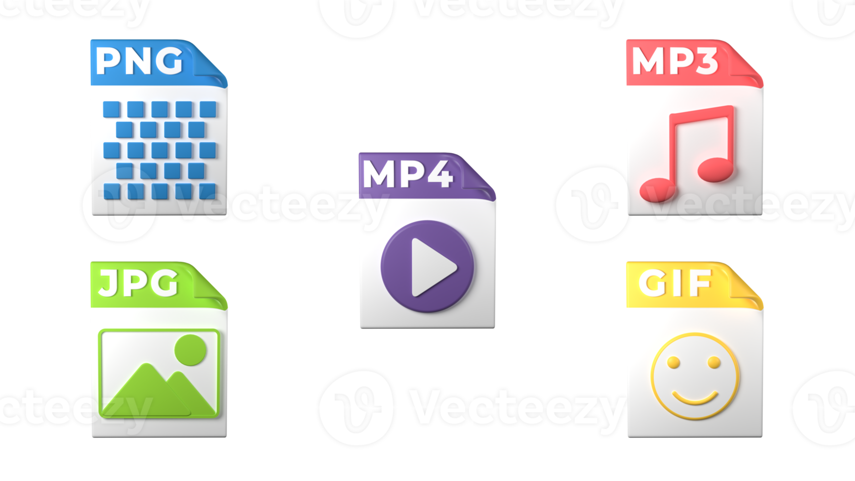 File format extensions. png, mp4, mp3, jpg, gif file format media icons. Transparent background. 3D Rendering png